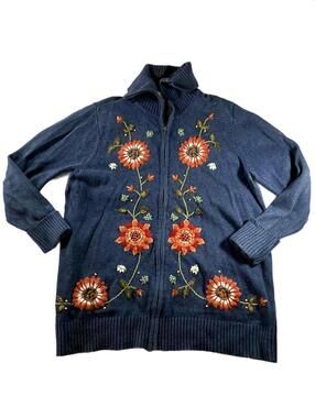 Vintage Fashion Bug Blue Floral Embroidered Zip-Up Cardigan Sweater